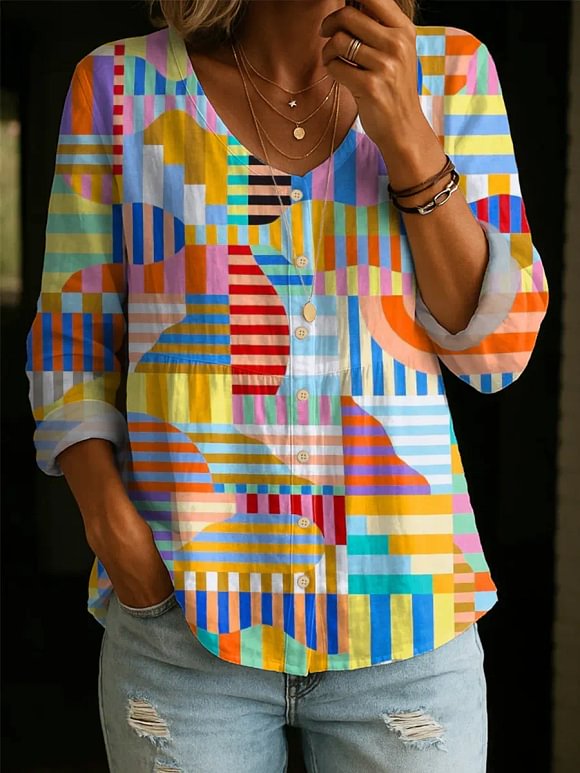 Women's Geometric Pattern Art Print Casual Cotton Shirt