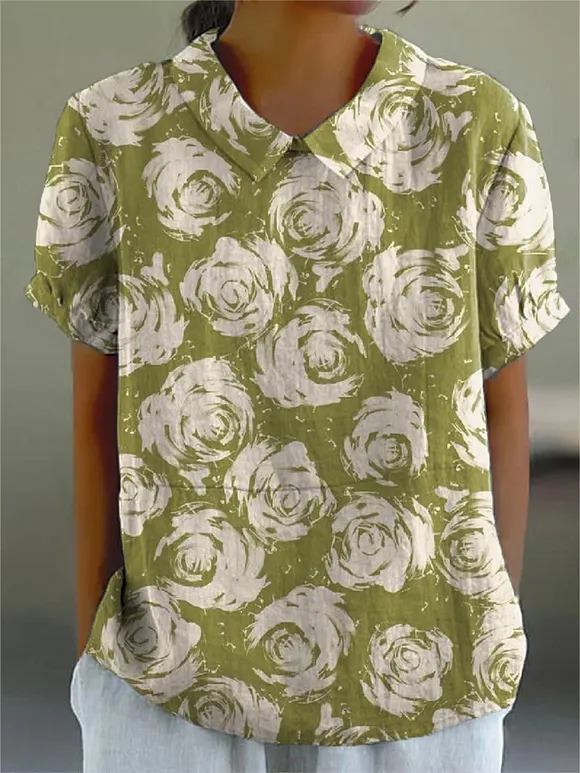 Women's Vintage Green Art Flower Print Casual Cotton And Linen Shirt