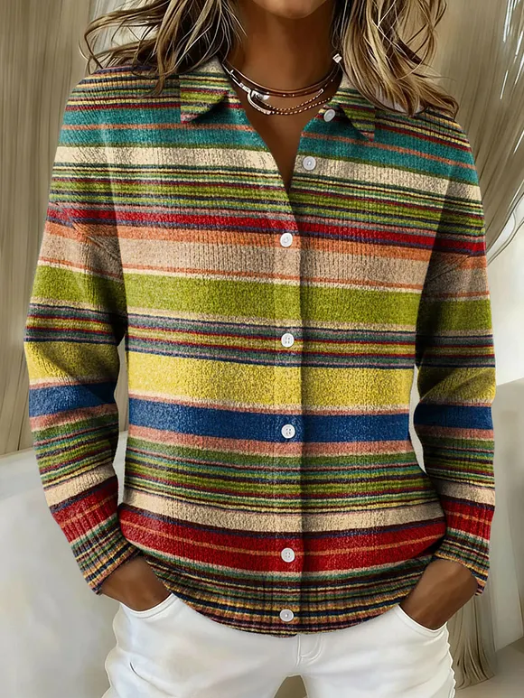 Colorful Horizontal Stripe Decorative Pattern Casual Shirt Collar Long Sleeve Sweater