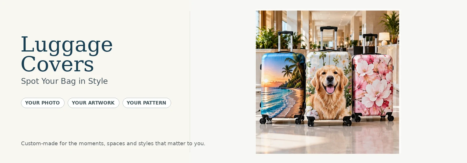Custom luggage covers with beach pet and floral personalized designs