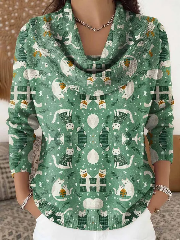 Women's Retro Christmas Cat Pattern Long Sleeve Sweater
