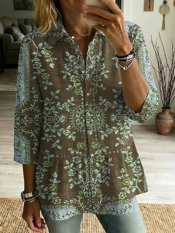 Women's Retro Floral Art Print Casual Lapel Cotton Shirt