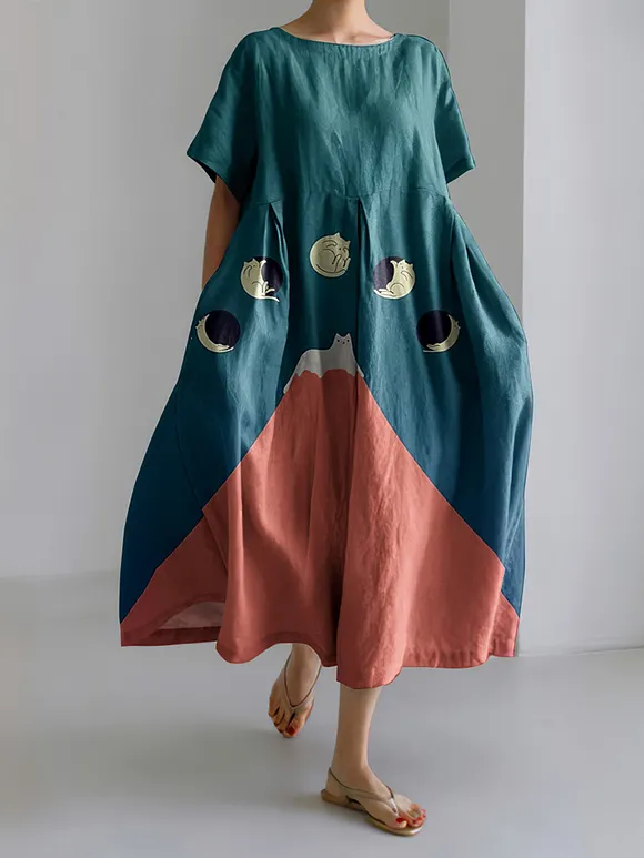 Abstract Creative Good Night Cat Painting Art Linen Blend Dress