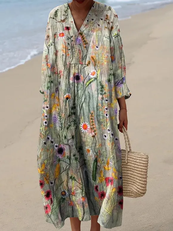 Women's Vintage Lovely Floral Art Print Cotton Dress