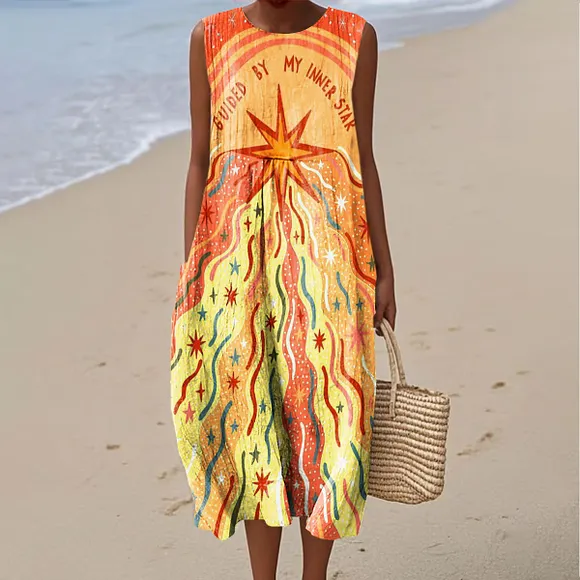 Women's Colorful Star Road Art Print Sleeveless Cotton Pocket Wrap Dress