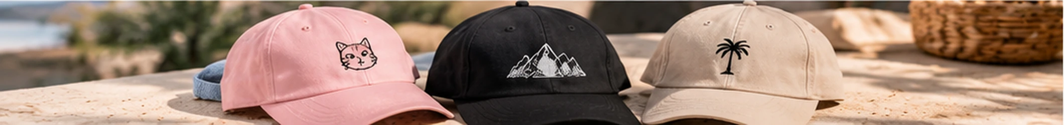 Custom accessories banner featuring personalized embroidered-style hats in pink black and beige