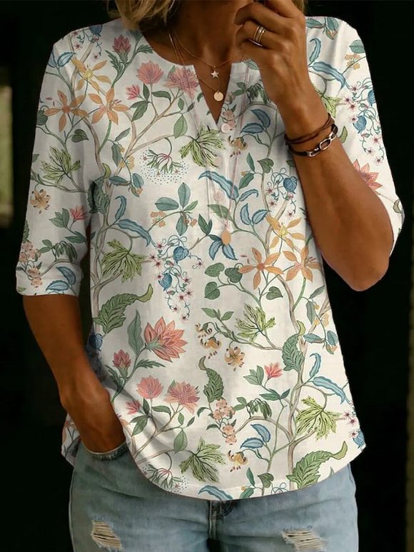 Women's Floral Pattern Art Print Casual Cotton Shirt