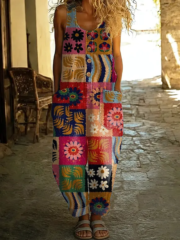 Women's Hippie Print Casual Cotton Vest Jumpsuit