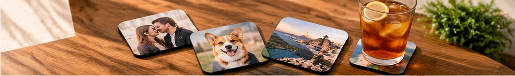 Personalized coasters banner featuring custom photo, pet and scenic drink coasters