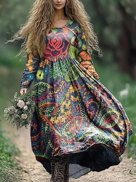 Bohemian Cotton Pocket Dress with Embroidered Floral Patterns