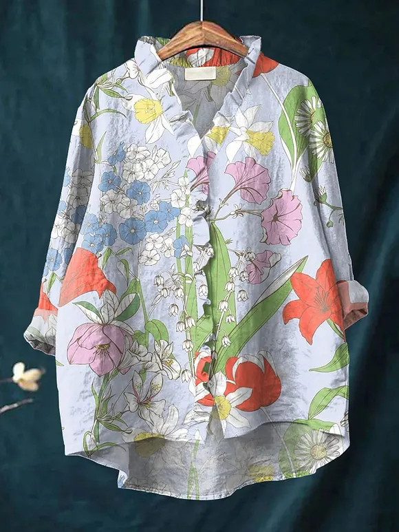 Women's Vintage  Flowers Art Print Casual Cotton And Linen Ruffle Shirt