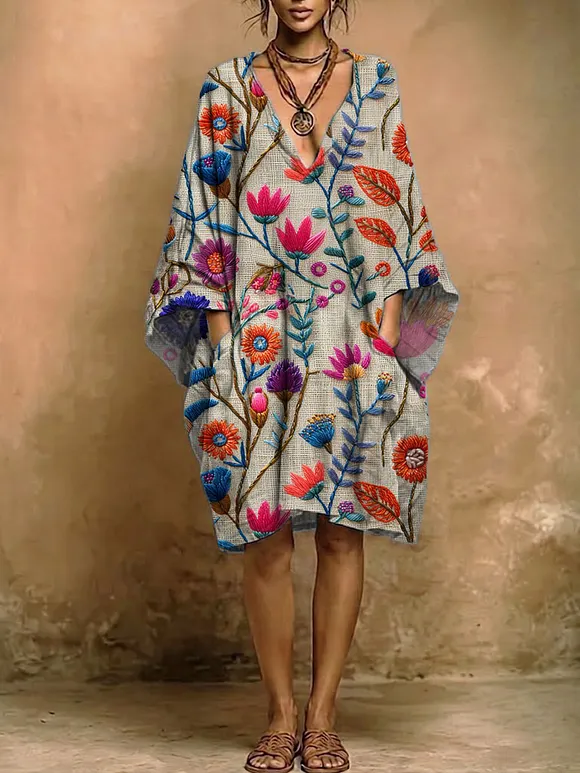 Women's Floral Print Casual Cotton-linen Dress