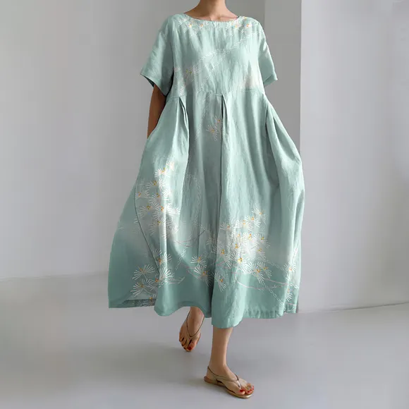 Japanese Art Flower Print Casual Midi Dress