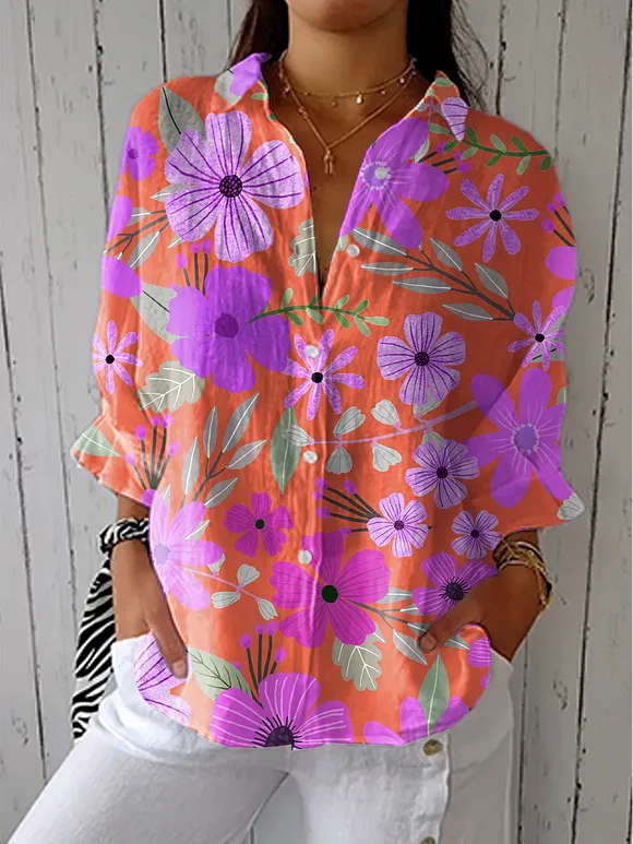 Women's Vintage Floral Art Print Casual Linen V-neck Shirt
