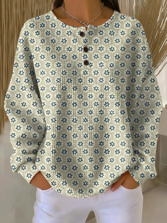 Women's Retro Cute Floral Art Print Casual Cotton Shirt