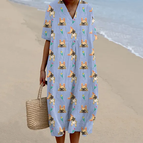 Women's  Funny Bulldog Art Print Sleeveless Cotton Pocket Wrap Dress