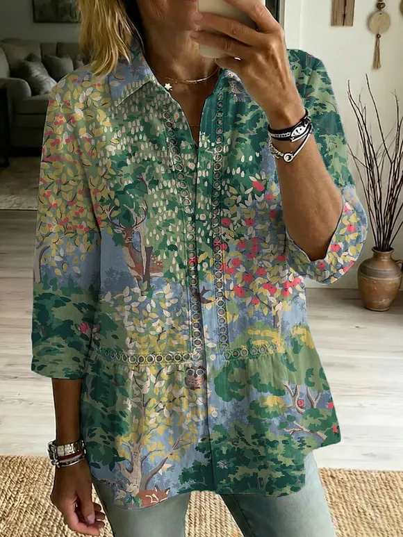 Casual Cotton-linen Shirt With Floral Art Patterns, Splicing, And Openwork Webbing Trim