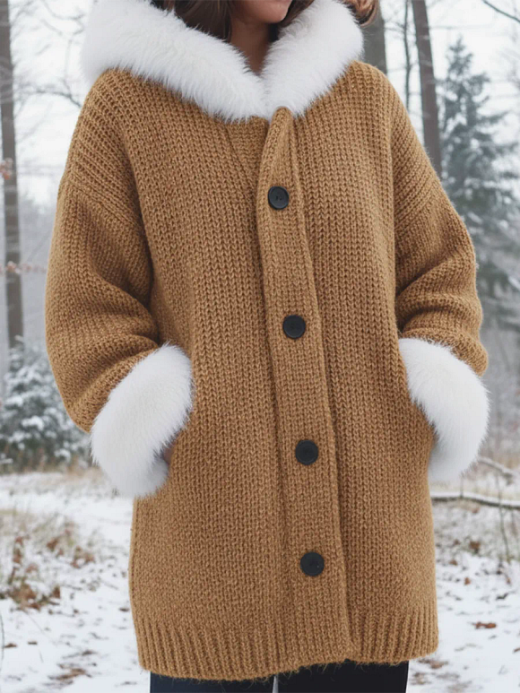 Cozy Fur-collar Patchwork Knit Button-down Coat