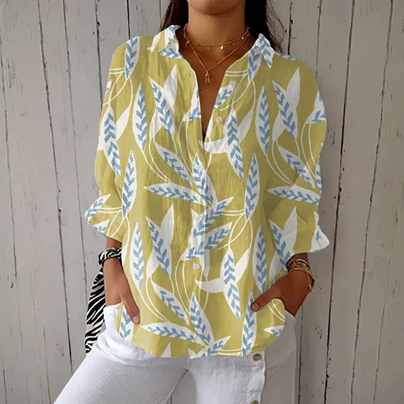 Women's  Vintage Floral Art  Print Casual Linen V-neck Shirt