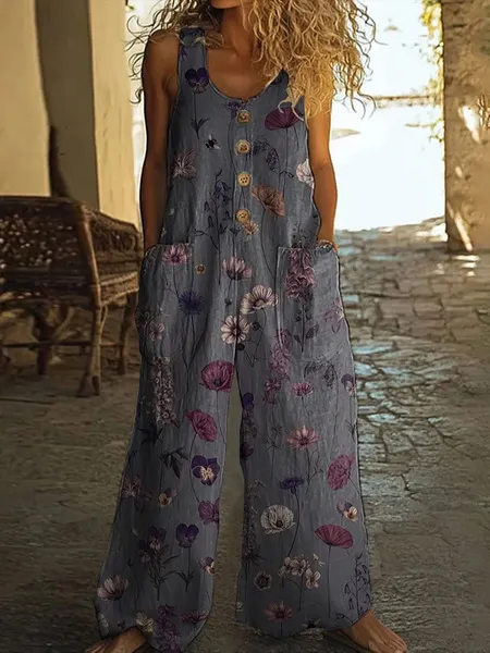 Women's Vintage Flower Print Casual Cotton And Linen Loose Straight-leg Wide-leg Pants