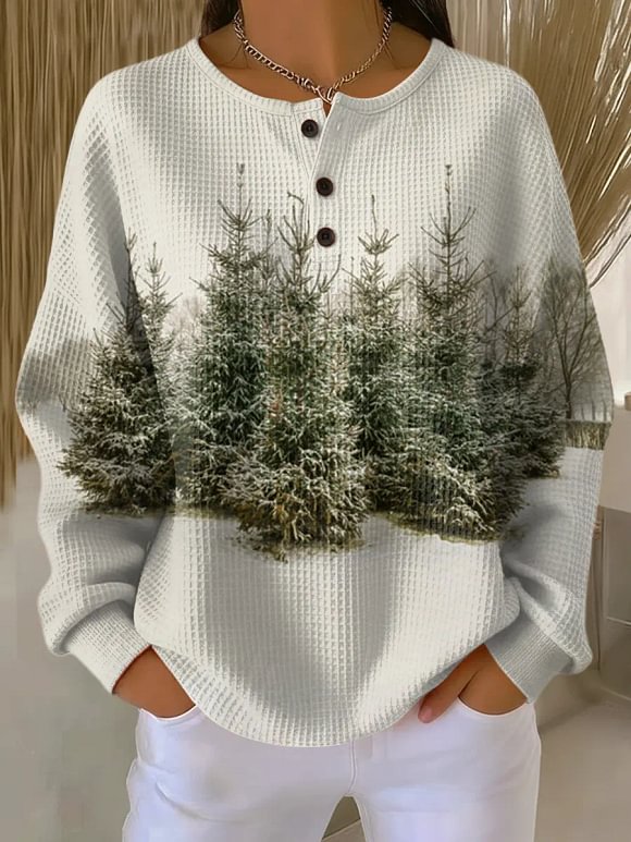 Women's Vintage Christmas Tree Art Print Casual Cotton Waffle Sweatshirt