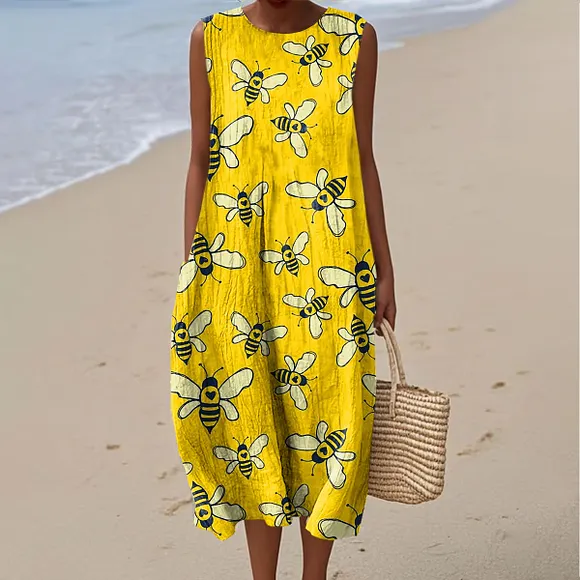 Women's Vintage Bee Art Print Sleeveless Cotton Pocket Wrap Dress