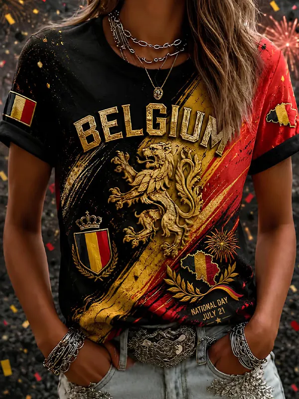 Women's Belgium National Day Golden Lion Rampant and Flag Print Casual T-Shirt