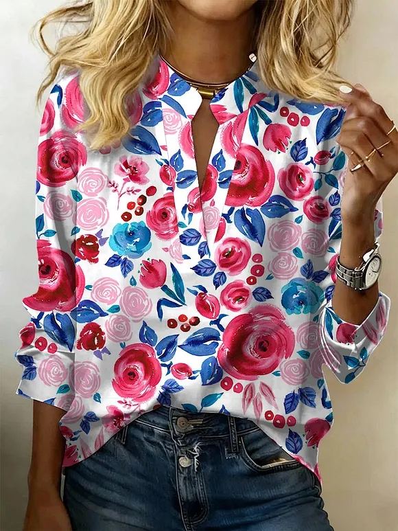 Women's Floral Print V-neck Casual Cotton Shirt