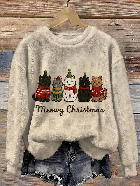 Vintage Christmas Cat Pattern Long Sleeve Sweatshirt