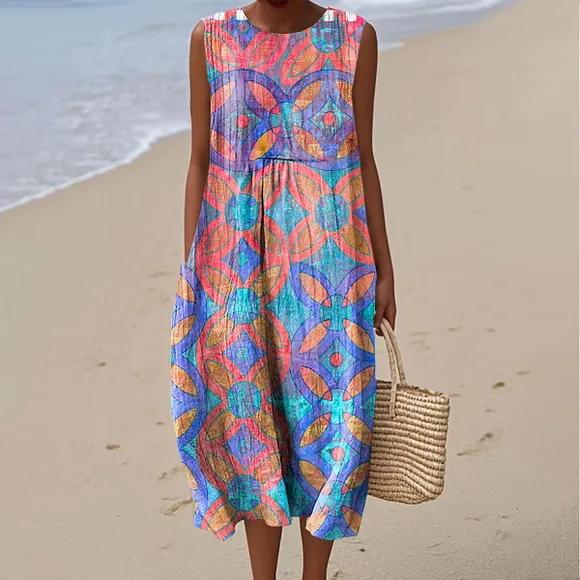 Women's Retro Pattern Art Print Sleeveless Cotton Pocket Wrap Dress