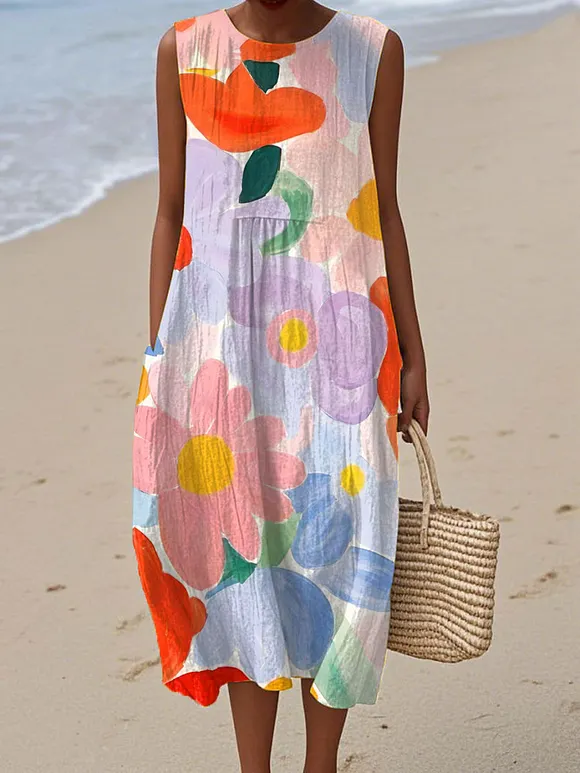 Women's  Vintage Floral Art Print Sleeveless Cotton Pocket Wrap Dress