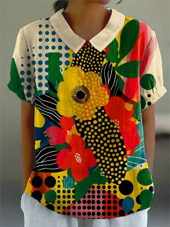 Women's Vintage Lovely Floral Art Print Casual Cotton And Linen Shirt