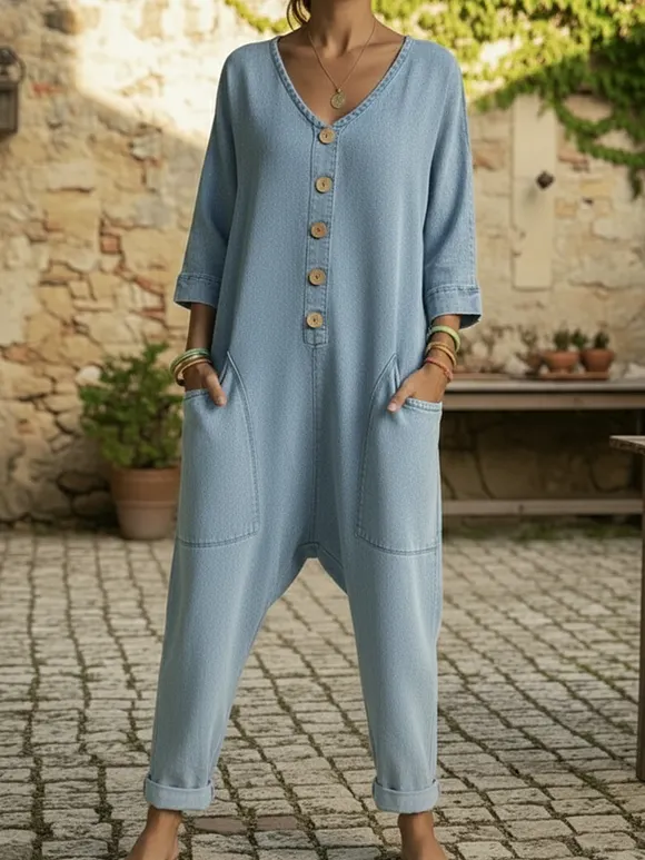 Women's Casual V-neck Denim Jumpsuit