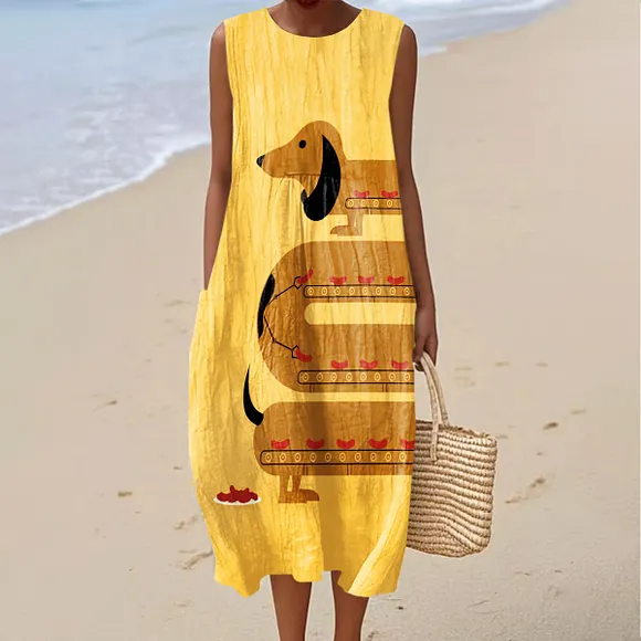 Women's Vintage Funny Dog ​​dachshund Art Print Sleeveless Cotton Pocket Wrap Dress