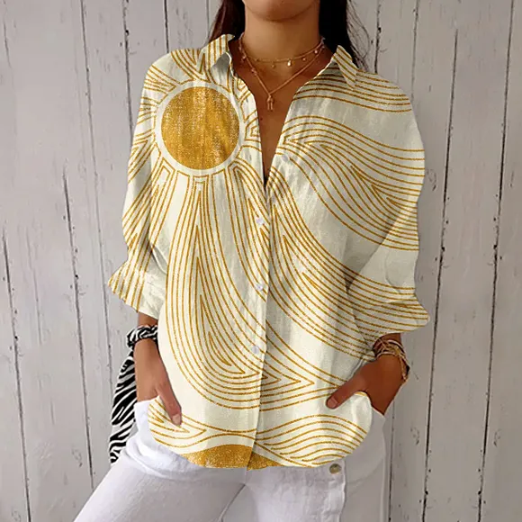 Women's Vintage Abstract Sun Line Art Print Casual Linen V-neck Shirt