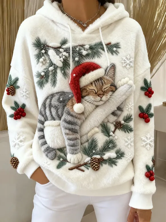 Women's Cute Christmas Cat Art Print Casual Flannel Hoodie