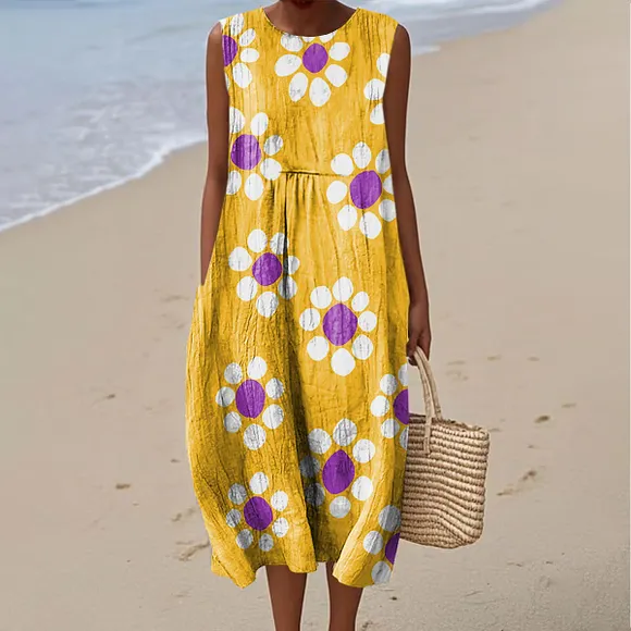Women's Vintage Floral Pattern Art Print Sleeveless Cotton Pocket Wrap Dress