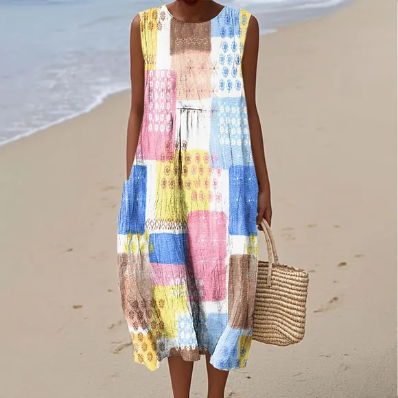 Women's Colorful Abstract Checkered Art Print Sleeveless Cotton Pocket Wrap Dress