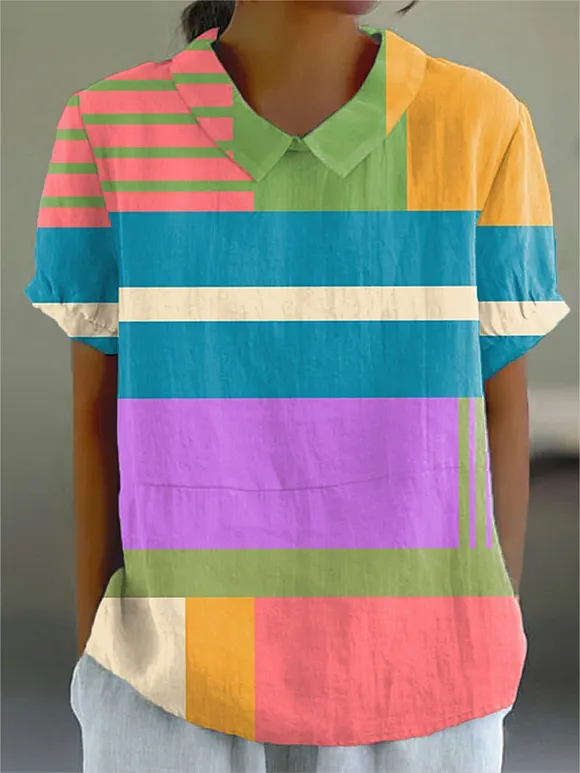 Women's  Vintage Abstract Geometry Art Print Casual Cotton And Linen Shirt