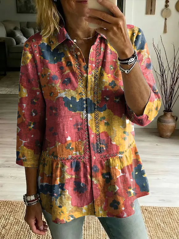 Floral Flowers Art Patterns Casual Patchwork Openwork Webbing Linen And Cotton Shirt