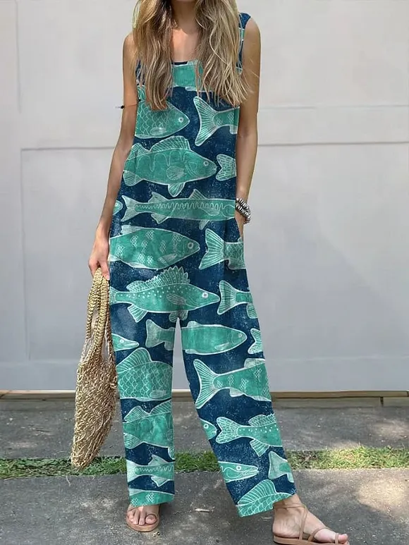 Women's Vintage Lovely Fish Art Print Casual 100% Cotton Wide Leg Jumpsuit