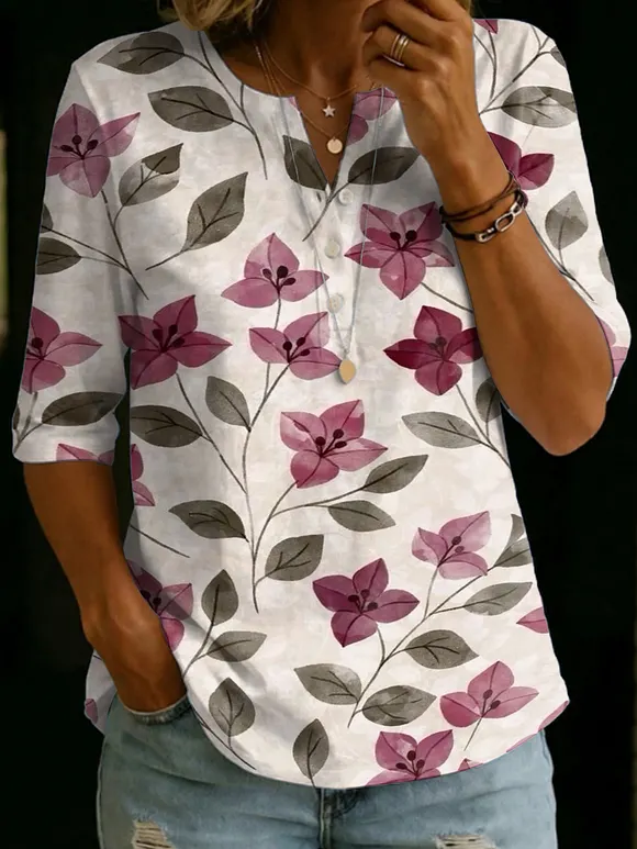 Retro And Elegant Floral Decorative Pattern Women's Casual Cotton Shirt