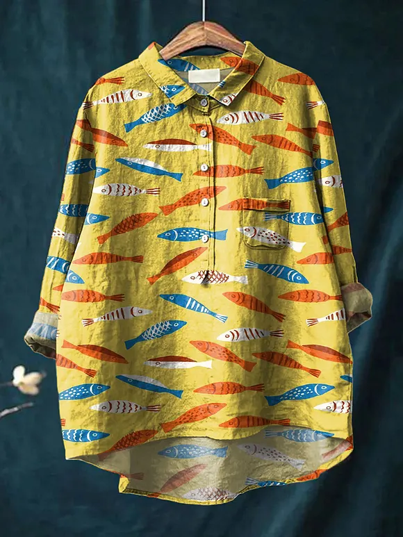 Women's Colorful Fish Art Print Casual Cotton And Linen Shirt