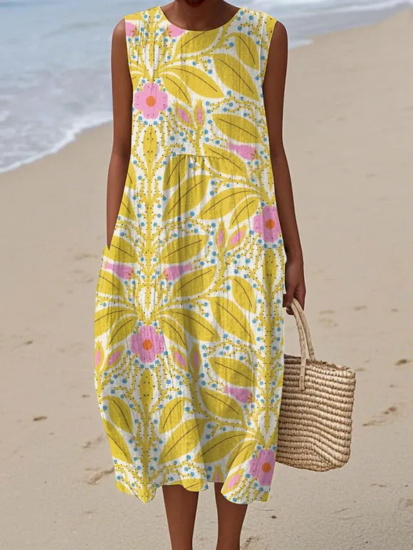 Women's  Vintage Floral Art Print Sleeveless Cotton Pocket Wrap Dress