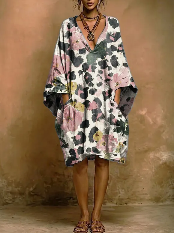 Retro Leopard Print & Floral Cotton-linen Loose V-neck Dress