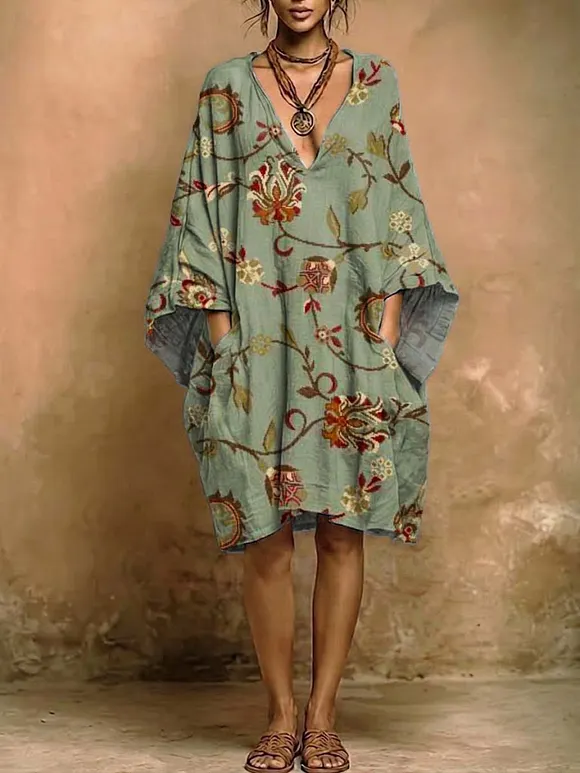 Women's Retro Floral Art Print Casual Cotton Linen Short Dress