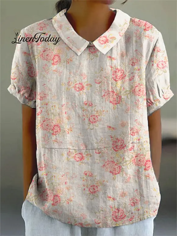 Women's Floral  Print Casual Cotton And Linen Shirt