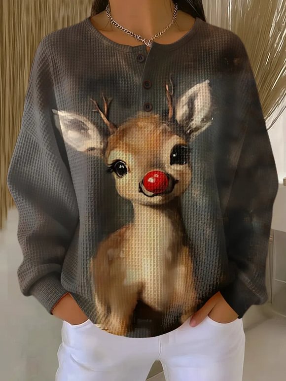 Women's Vintage Christmas Elk Art Print Casual Cotton Waffle Sweatshirt