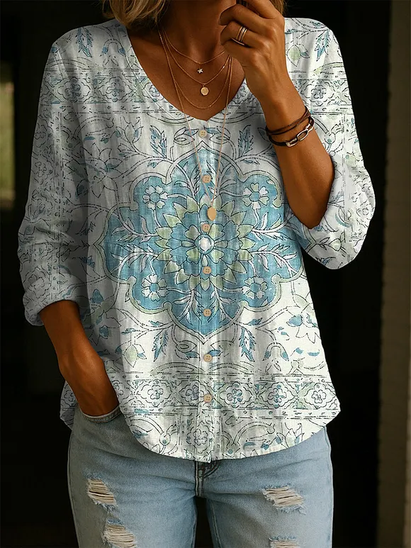Women's Retro Flower Art Print Linen Cotton Shirt