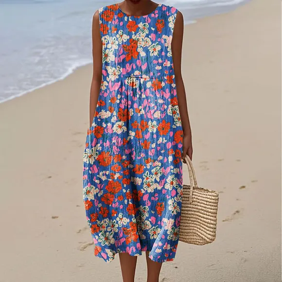 Women's Vintage Flower Art Print Sleeveless Cotton Pocket Wrap Dress